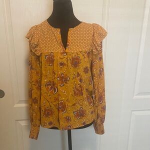 Chic Mustard Floral Blouse with Ruffle Details
